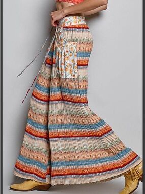 POL Wide-Leg Pleated Boho Pants in Cream, Blue & Orange